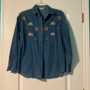 Christmas denim button down gingerbread shirt